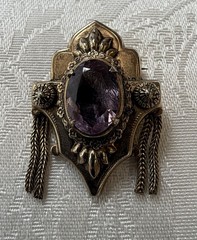Vtg Victorian Revival Brooch Purple Stone Gold Tone Dangling Chain Side Tassels