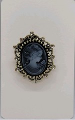 Vintage Victorian Style Cameo Brooch Pin Petite Black & Gray Rhinestone New