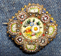Antique Victorian Italian Micro Mosaic Floral Brooch / Pin C Clasp Marked “BG”