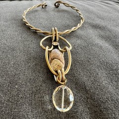 Vtg Jeff Lieb Wearable Art Choker Necklace Gold Tone Natural Stone W Crystals