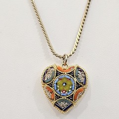 Vintage Micro Mosaic Heart Pendant Necklace Gold Tone Serpentine Chain 24″