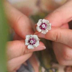 Art Deco Style Ruby & Lab Created Diamond Flower 14k White Gold Finish Earrings