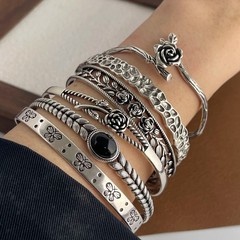 Vintage Flower Retro Rose Cuff Bangle Set Sterling Silver Women Jewelle Bracelet