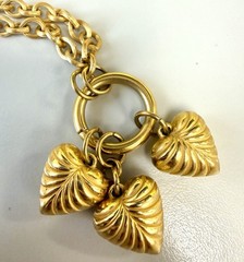 Vintage Anne Klein Gold Tone Triple Heart Charm Necklace Toggle Chain Statement