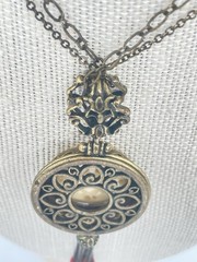 Victorian Revival Necklace Antiqued Brass Ruby Red Beads Pendant Dangle