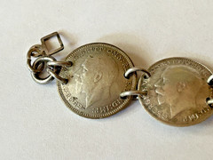 Antique British King George 3 Pence ID Bracelet Aprx 7” In Sterling Silver