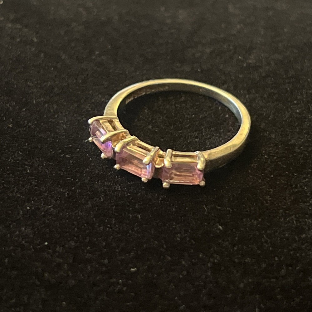 Vintage 925 Sterling Silver 3-Stone Amethyst FEB Birthday Ring Size 6