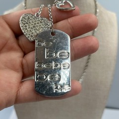 Vintage Silver Tone “Be Be Be” Dog Tag Necklace Heart Charms Rhinestone Accent