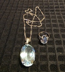 Vtg Large Oval Faceted Aquamarine Pendant Necklace&Ring Set 925 Sterling Silver