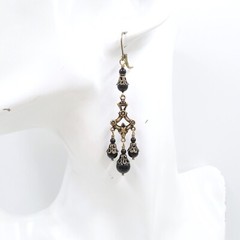 Victorian Mourning Earrings Jet Black Glass Bead Chandelier Filigree Handmade
