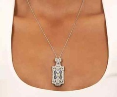 Art Deco Style Lab Created Diamond & Sapphire Wedding Pendant 14k White Gold FN