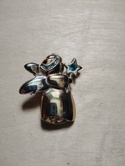 VTG Angel Brooch Two Tone Gold/Silver Green Crystal Star Wand Halo Wings 1.75″