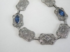 Art Deco Sterling Silver Sapphire Paste Filigree Station Antique Bracelet 7.5″