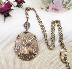 Brass Cameo Maiden Necklace, Art Nouveau Romantic Handmade Victorian Jewelry