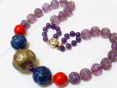 Vintage Carved Amethyst, Lapis, Laquer Beads Necklace, Sterling Bead, Clasp