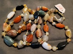 VTG Polished Gemstone Beggars Bead Necklace Agate, Aventurine, Quartz 37″ NOS