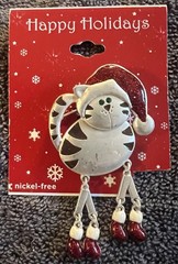 Christmas Silver Cat Brooch with Red Accents! Dangle Legs Santa Hat Nickel Free