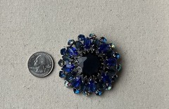 Vintage Blue Crystal Cluster Silver Tone Round Dome AB 2.25” Mid Century Brooch
