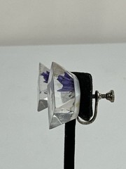 Beautiful Diamond Shaped Purple Flower Reverse Carved Lucite Screw Back Earrings