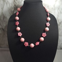 Vintage Handmade Women’s Necklace Pink Cotton Candy Natural Stones, Faux Pearls
