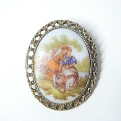 Porcelain Pin Romantic Couple w/ Brass Filigree Frame Oval Vintage Brooch