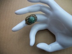 Vintage Gold-tone Green Cabochon Filigree Dome Ring Statement Piece