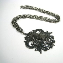 Ornate Vintage Silver Tone Necklace Filigree Pendant Chain 22 In Birds Ornate