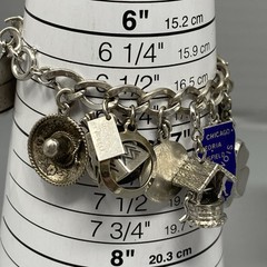 VTG 20 Charm Bracelet Sterling Silver Birthday Natie Cowbell School Hearts 6.5″