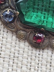 Antique Bohemian Edwardian Art Nouveau Brooch Green Glass Bronze Prong Set Pin