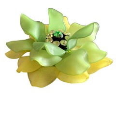 Vintage 70s Floral Brooch | Satin Acrylic Green Yellow Rhinestone