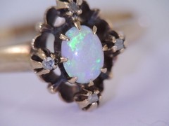 ANTIQUE VICTORIAN 10K GOLD ROSE CUT DIAMOND & COLORFUL OPAL RING sz 5