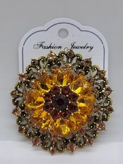 Vintage Style Filigree Amber & Brown Crystal Flower Brooch Gold Tone Rhinestone