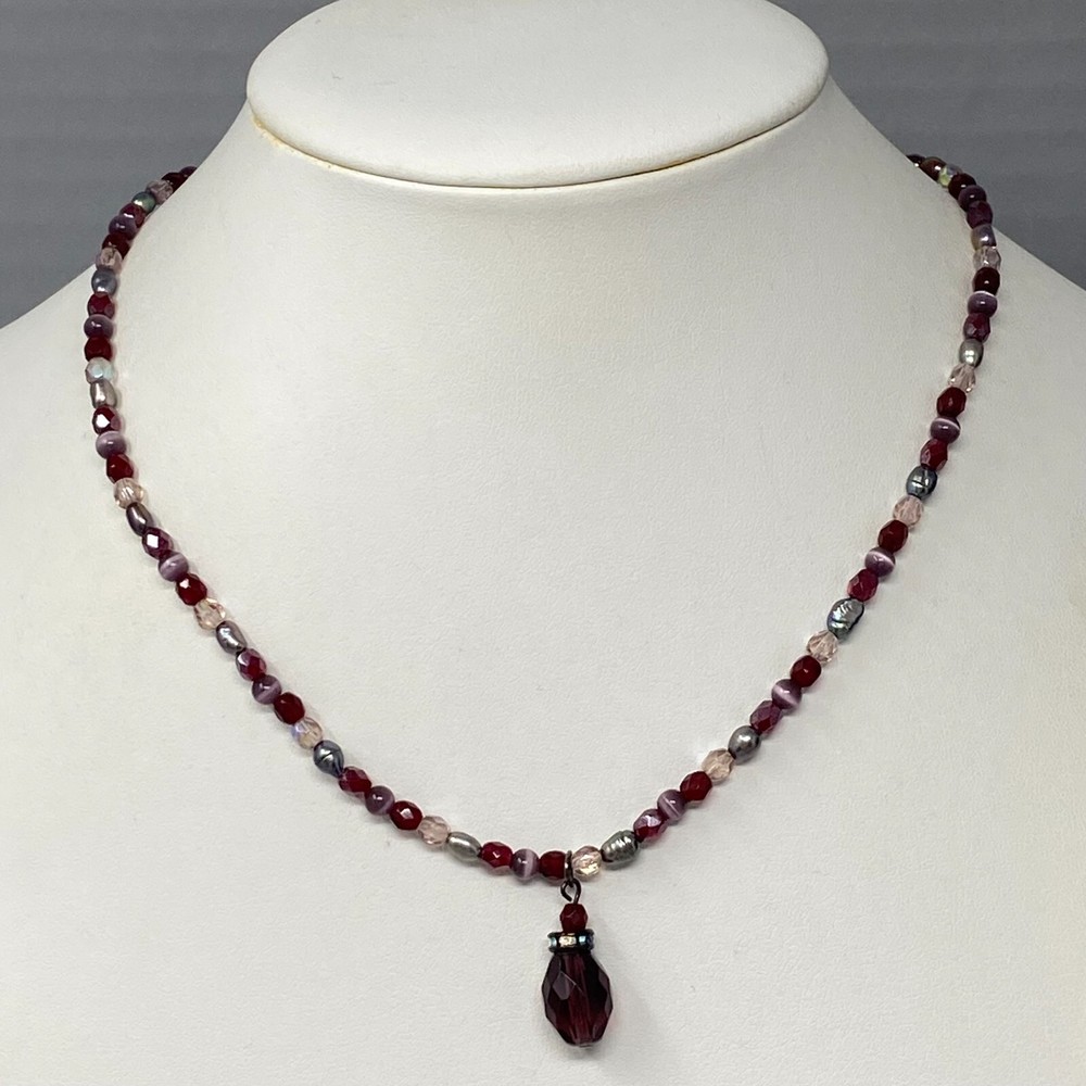 Red Pendant Necklace Teardrop Faceted Glass Purple Cats Eye Dainty Iridescent AB