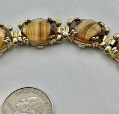 Vintage Mid Century Golden Brown Striped Porphyry Glass Goldtone Bracelet 7”