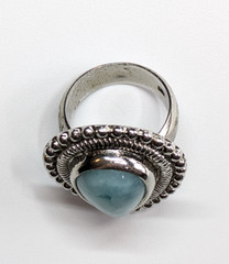 Blue Stone Teardrop Cocktail Beaded Edge Statement Ring Sz 8.25 Silver Tone
