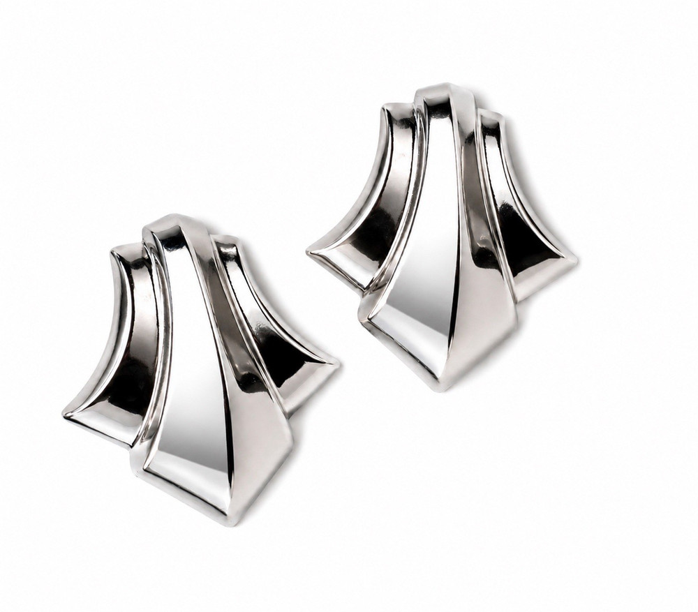 Vintage Silver Tone Sculptural Statement Earrings Geometric Modernist Pierced