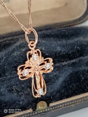 Vintage 1990-s 14 CT Rolled Gold Cross Pendant on Chain-Hallmarked 585 RG