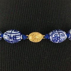 CHINESE porcelain necklace – blue & white barrel beads shou symbol 29″ knotted