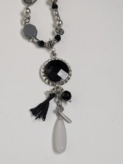Vintage Boho Asymmetrical Beaded Statement Necklace Black Pendant Tassel Silver