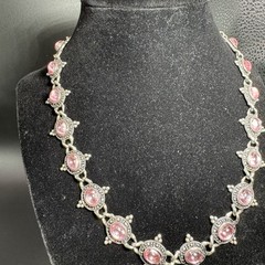 Vintage Silver Beaded & Marcasite Collar Necklace, Bezel Set With Pink Cabochons