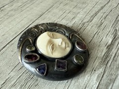 MYSTIC MOON FACE Sterling Silver Amethyst Topaz Carved Goddess Pendant Brooch