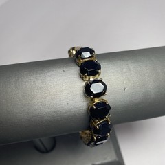 Vintage Jewelry Set black faceted ovals in goldtone Bracelet 7” & post Earrings