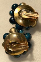 Vintage Hong Kong Cha Cha Cluster Clip Earrings Teal Gold Glass Beads 1960s MCM