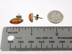 Sterling Silver Orange Amber Cabochon Stud Earrings .5 Inch Length 2.5g