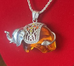 Amber Colored Silver Lucky Elephant W/ Rhinestones ,Chain 925 8 Grams Super Cute