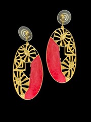 Vintage Signed Edgar Berebi Red Enamel Over Gold Tone Cut Out Dangle Earrings
