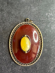Vintage Czech Glass Red with Yellow Center set in Goldplate Filigree Pendnat