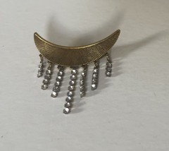 Vintage Crescent Moon Rhinestone Dangle Gold Tone Brooch Art Deco Look