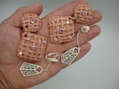 vtg. JEFF LIEB clip on dangle jeweled weave pattern earring set pink multicolor