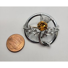 Scottish Thistle Brooch Kilt Shawl Pin Silvertone Orange Rhinestone Vintage